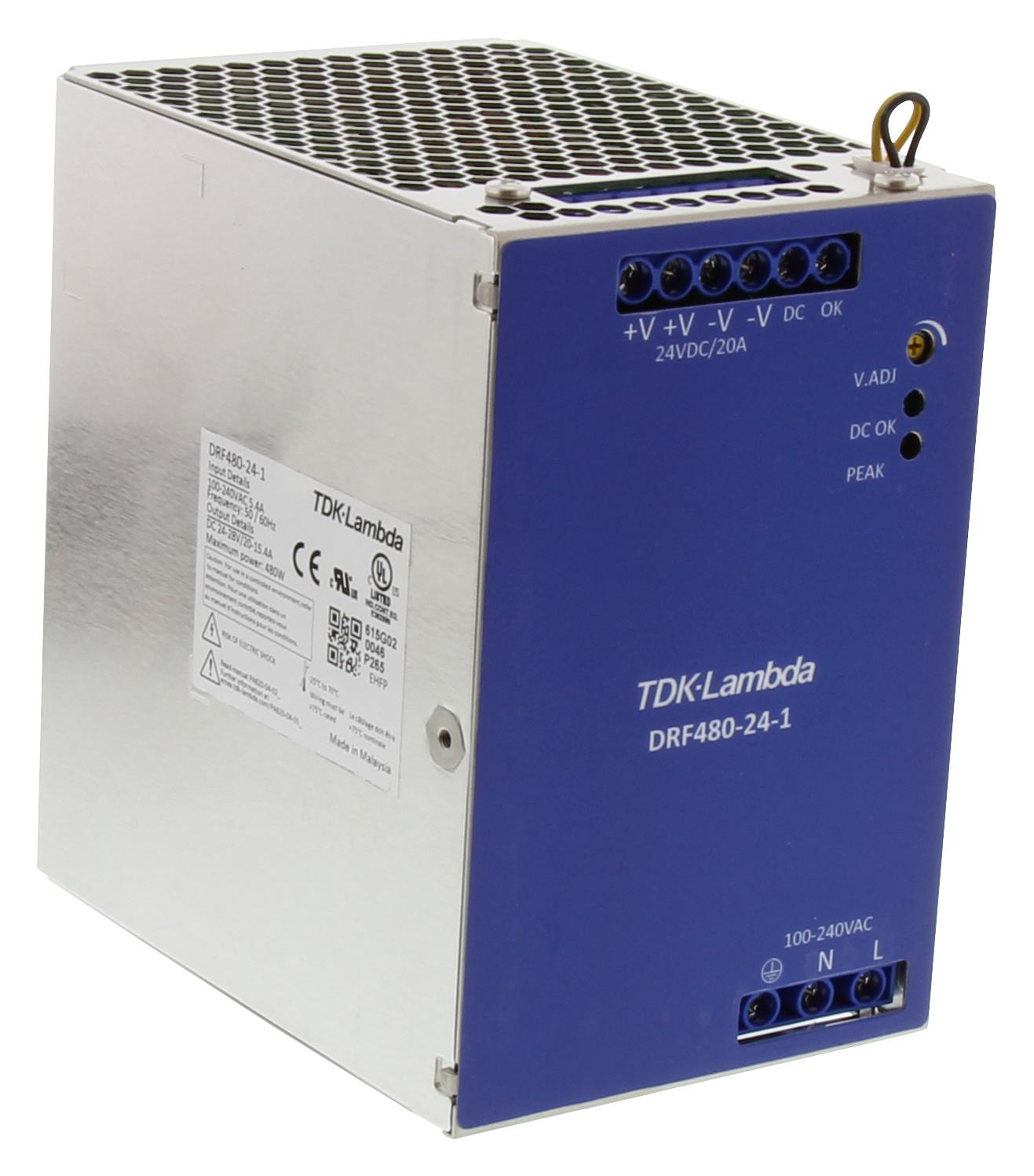 TDK Series DRF480 Power Supply: 24V 480W DIN Rail Mount